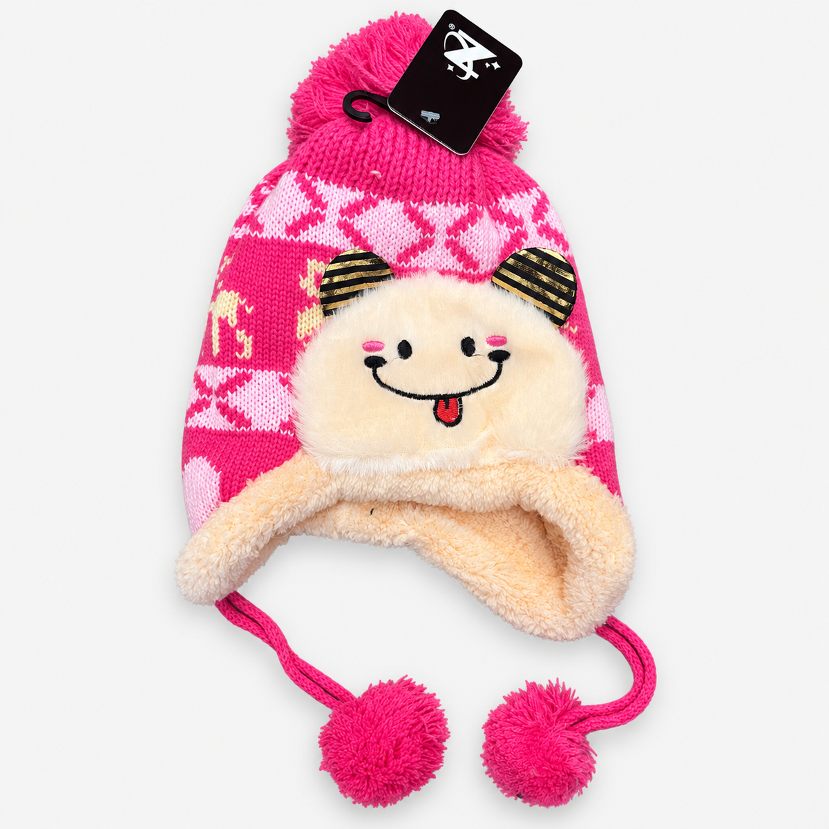 Hot Pink smiley face knit earflap hat with plush trim and pom-pom ties
