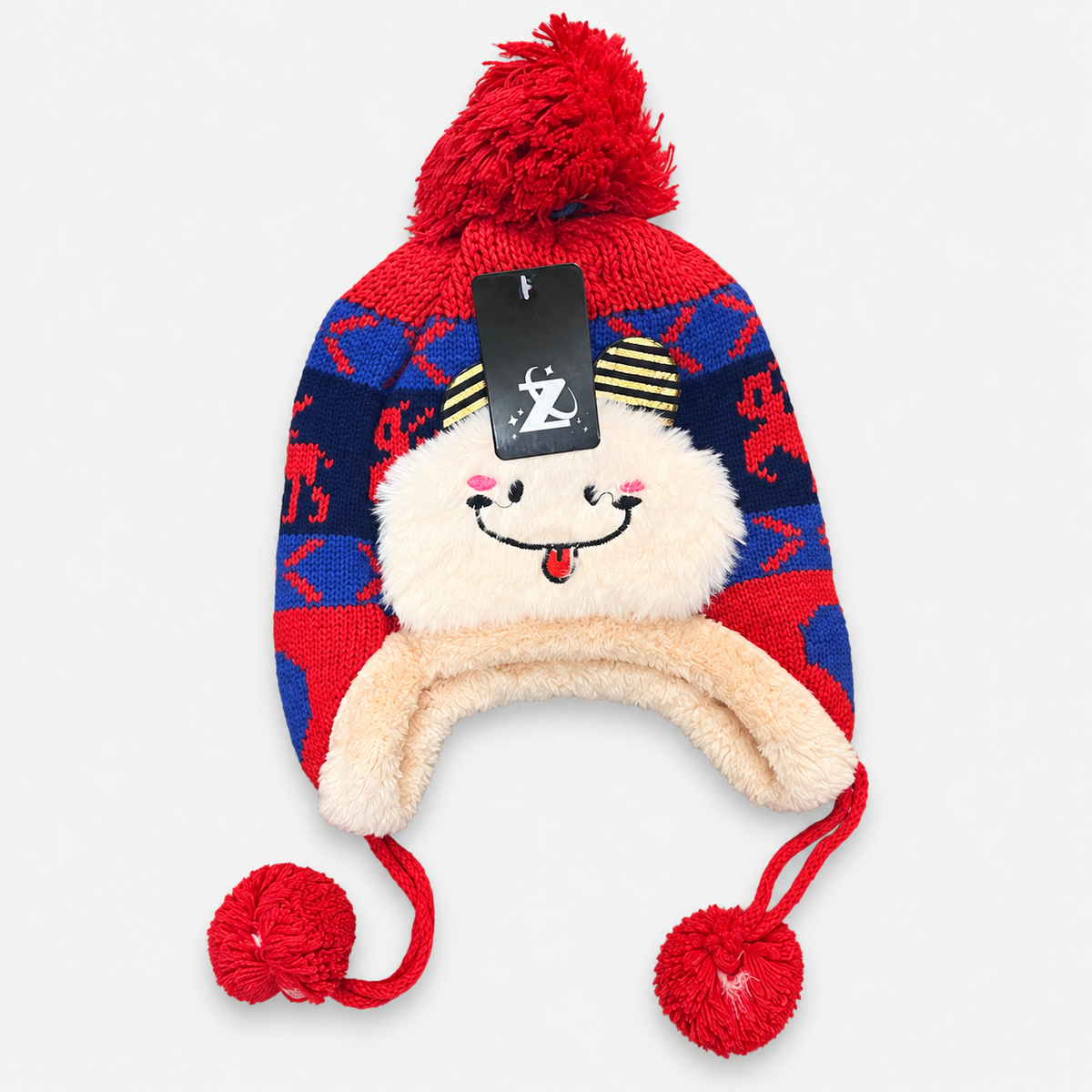 Red / Navy smiley face knit earflap hat with plush trim and pom-pom ties