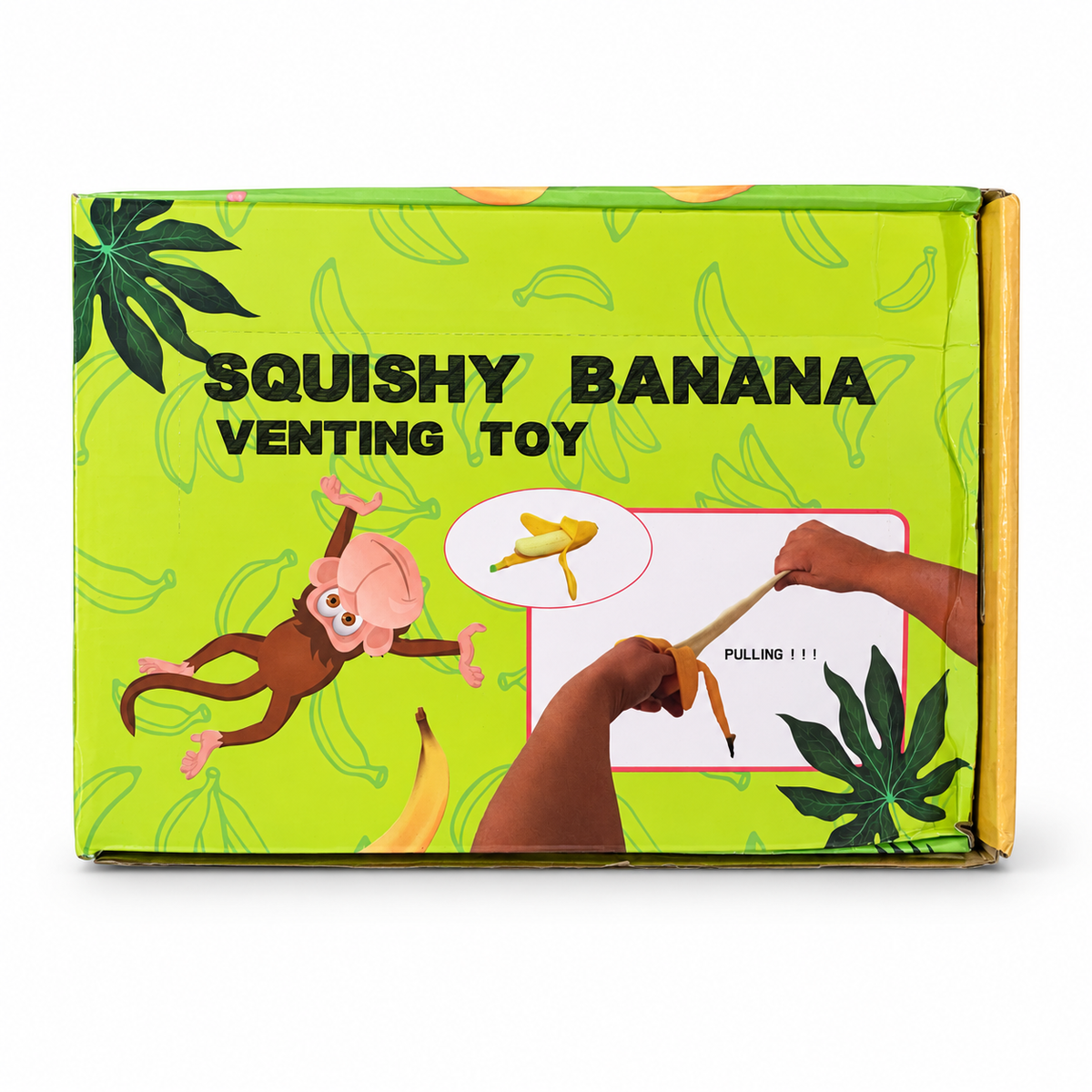 Yellow and green display box for banana-shaped squishy toys