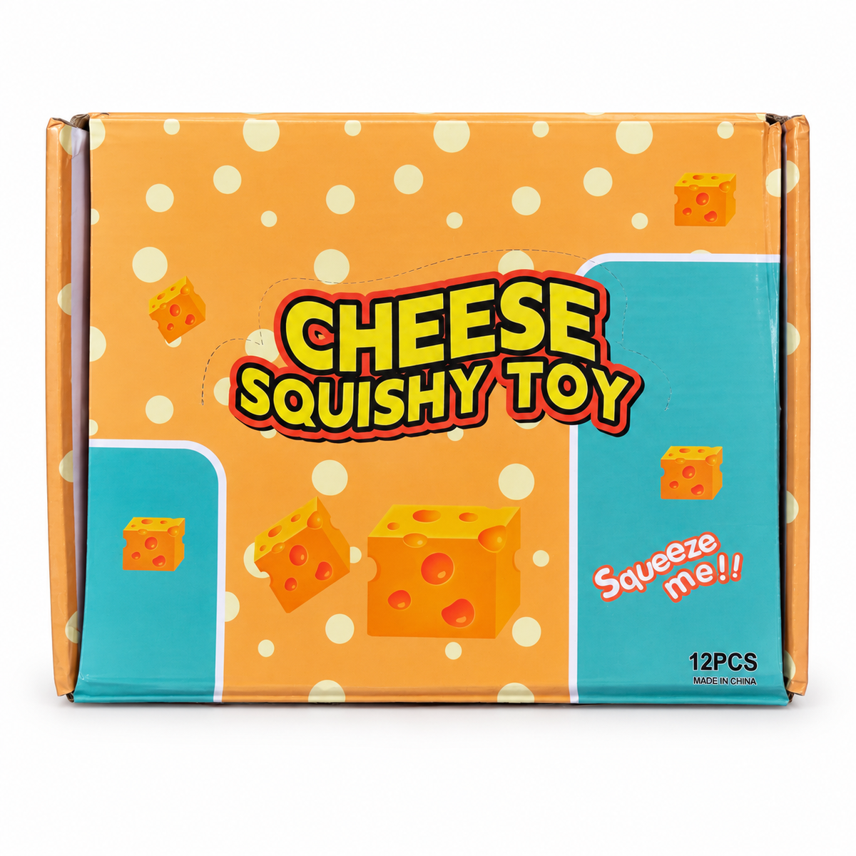Orange cheese-patterned display box for cheese squishy toys