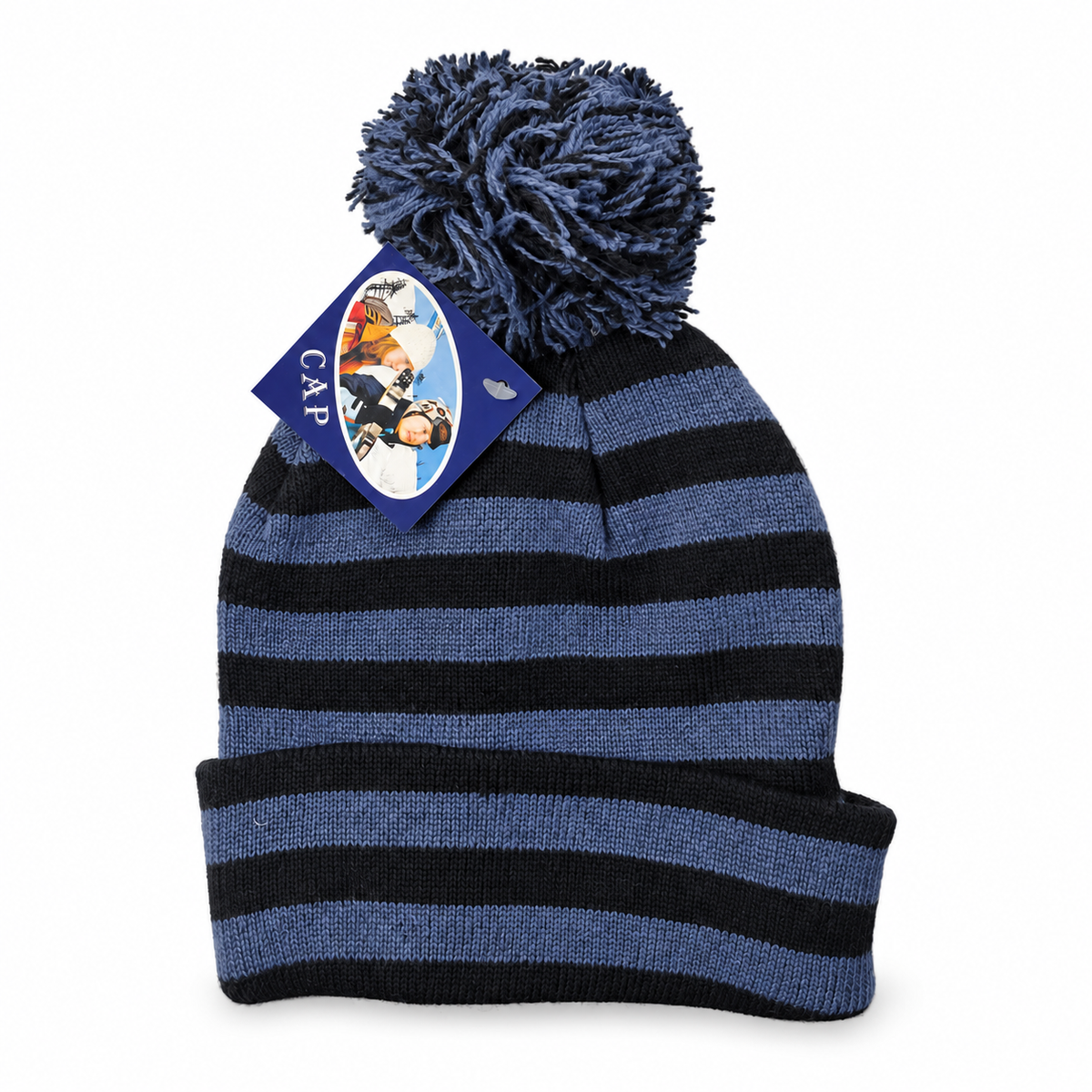 Striped pom-pom knit beanie in gray and black