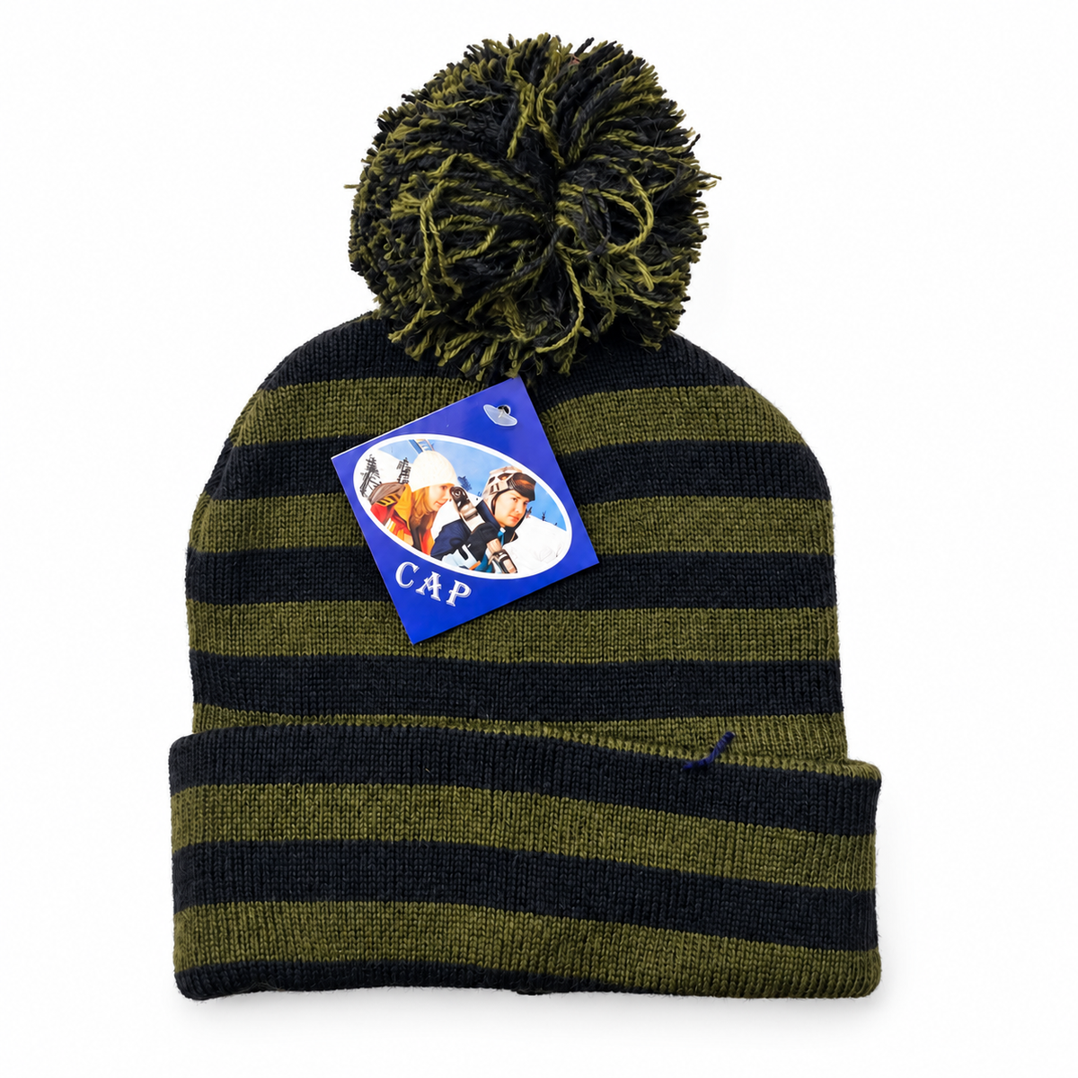 Striped pom-pom knit beanie in olive and black
