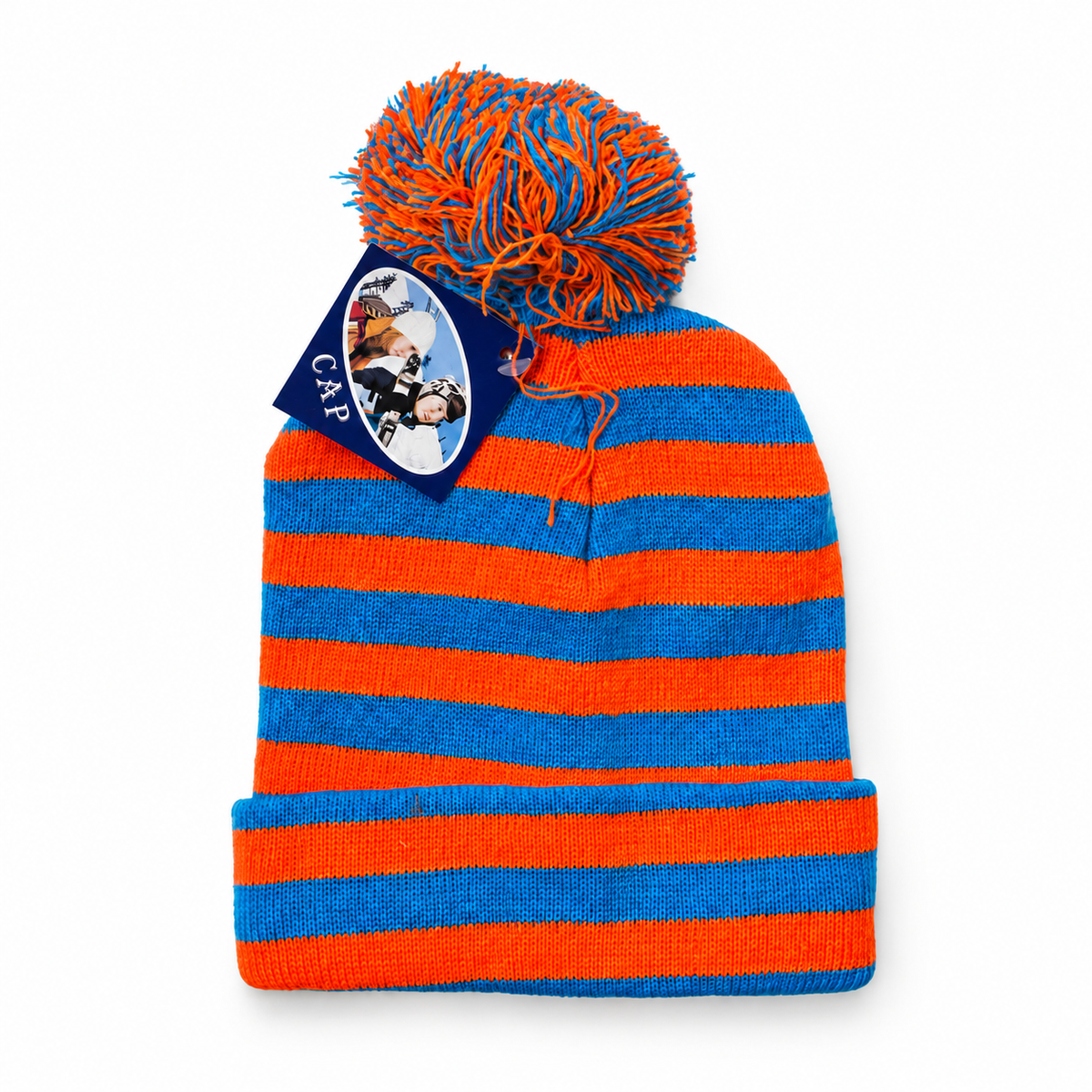 Striped pom-pom knit beanie in orange and blue