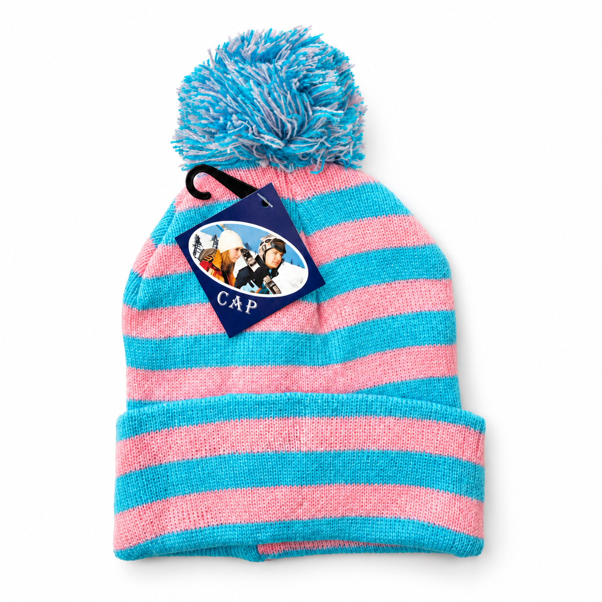 Striped pom-pom knit beanie in pink and aqua