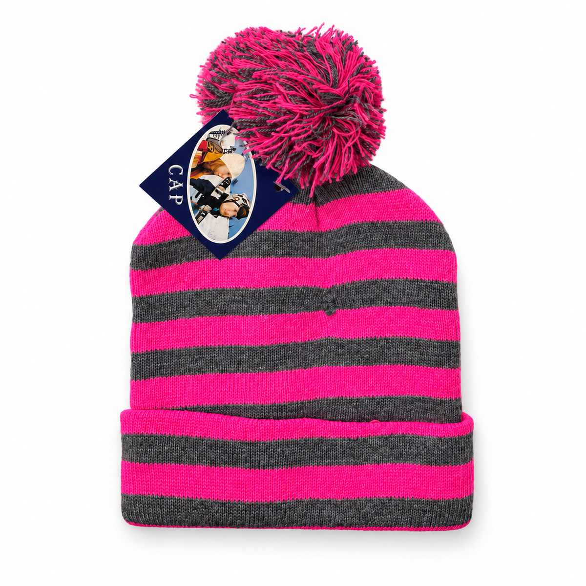 Striped pom-pom knit beanie in pink and gray