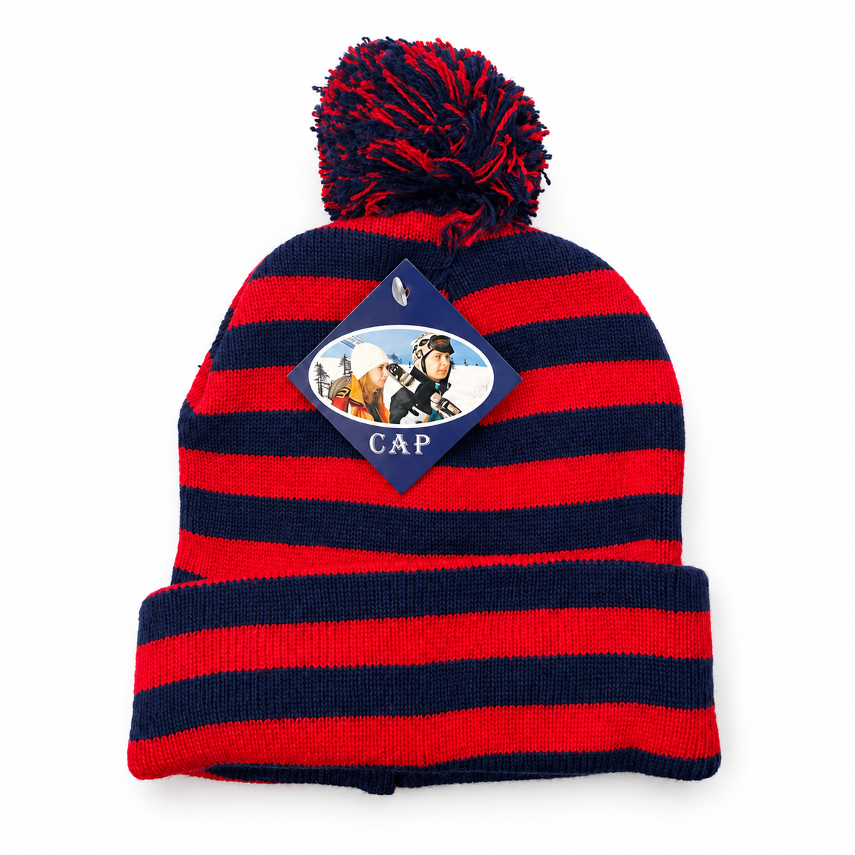 Striped pom-pom knit beanie in red and navy