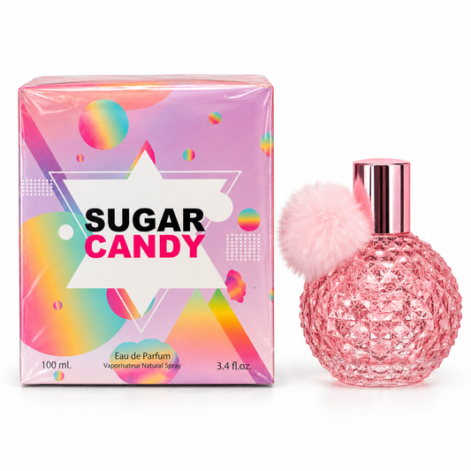 Sugar Candy Eau de Parfum – 100 ml bottle standing beside its matching box on a white background