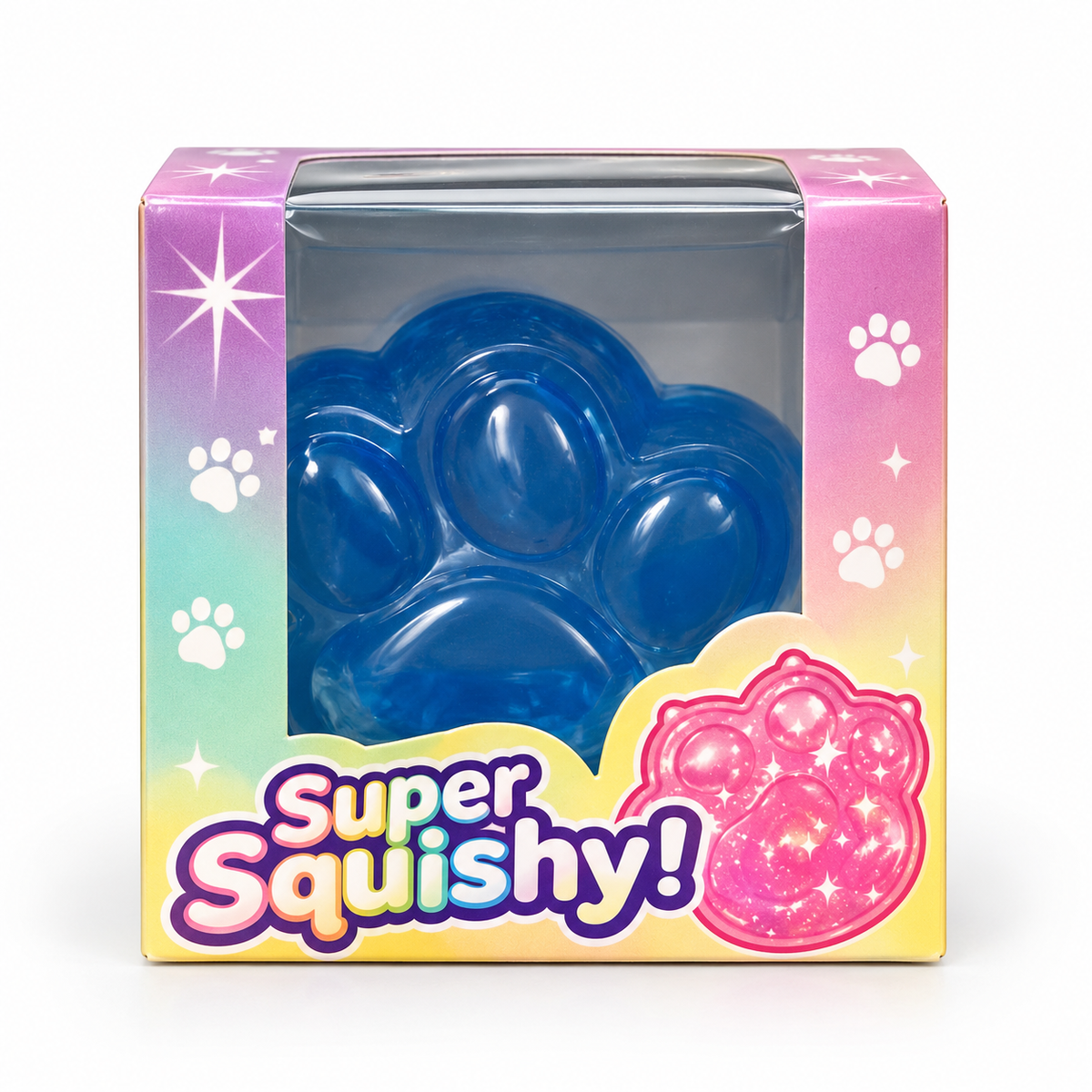 Blue Super Squishy Paw toy in its individual retail window box