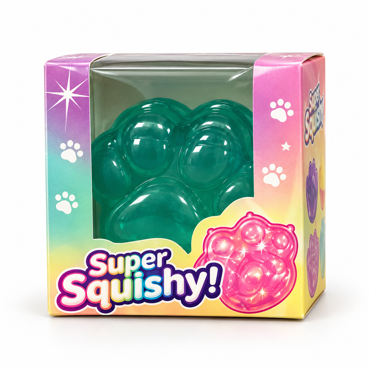 Green Super Squishy Paw toy in its individual retail window box