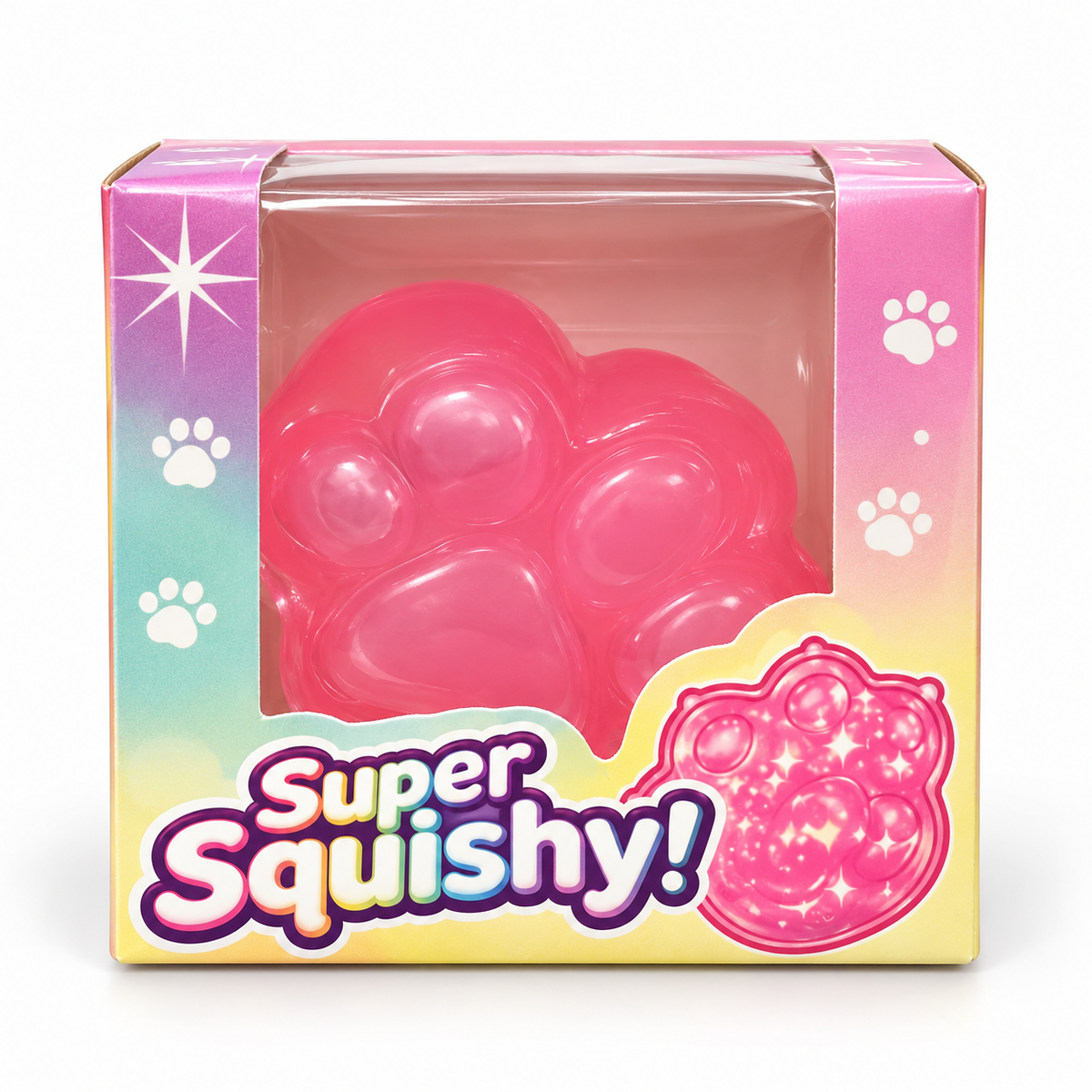Pink Super Squishy Paw toy in its individual retail window box