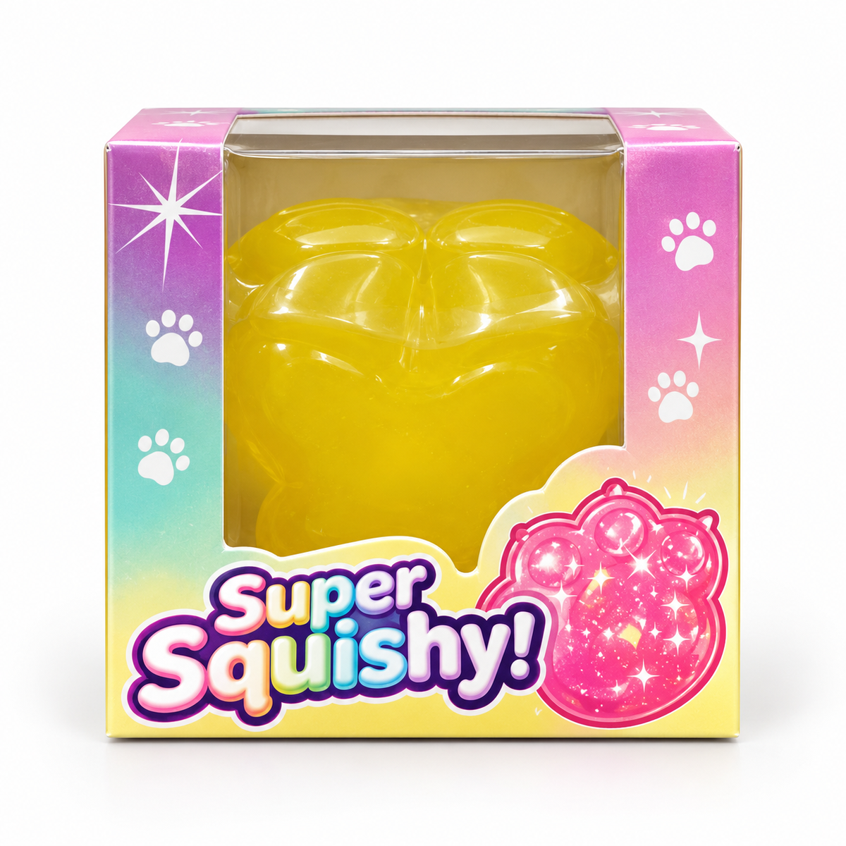 Yellow Super Squishy Paw toy in its individual retail window box
