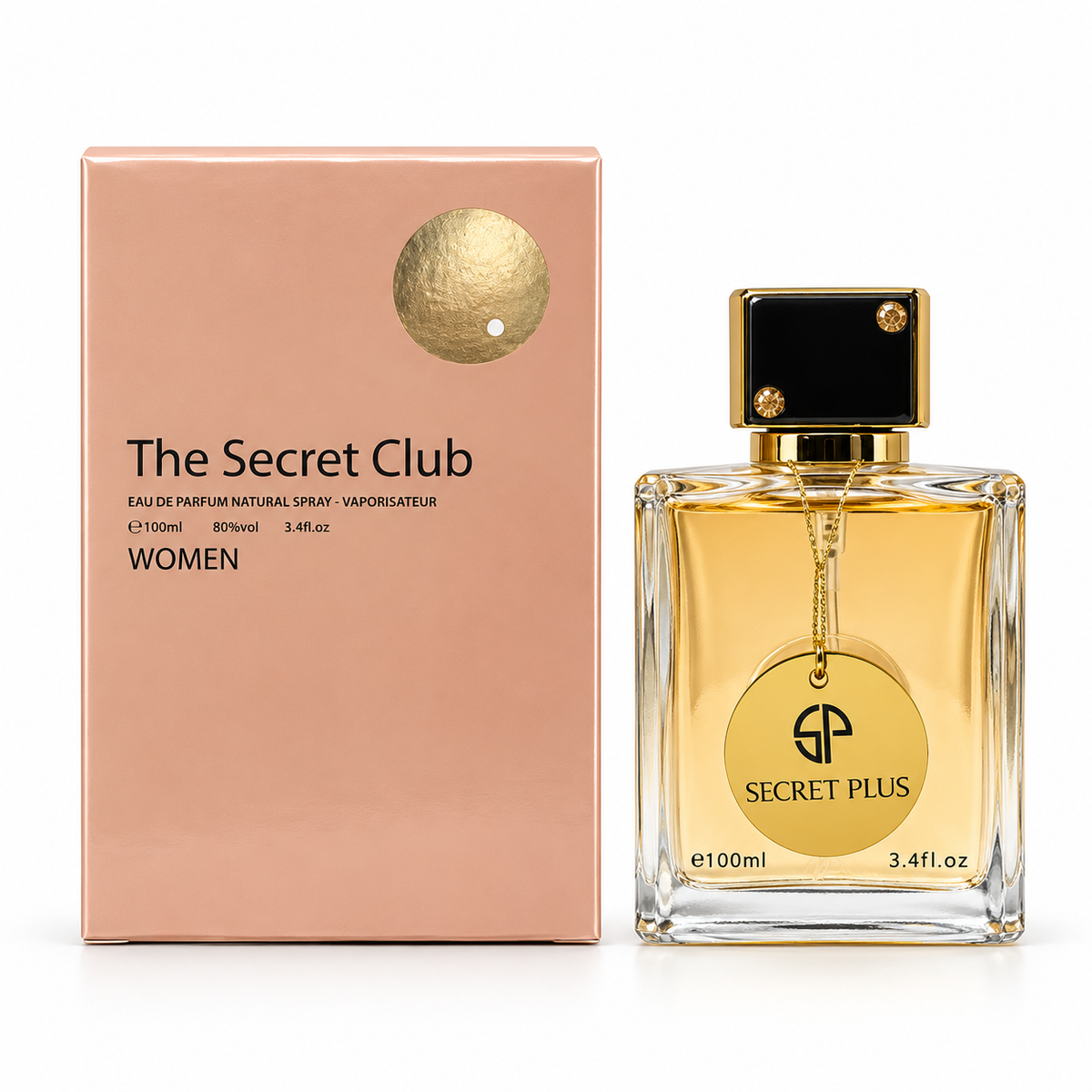 The Secret Club 100 ml Eau de Parfum bottle and box on a white background