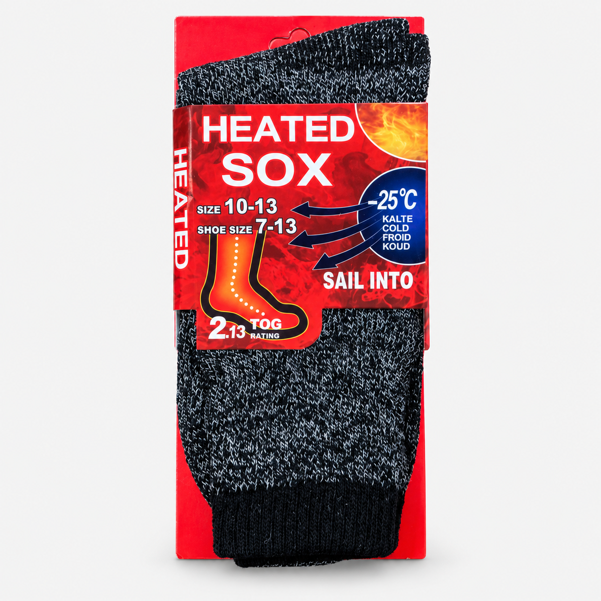 Dark marled thermal socks in original red packaging; representative pair, mixed dozen assortment varies