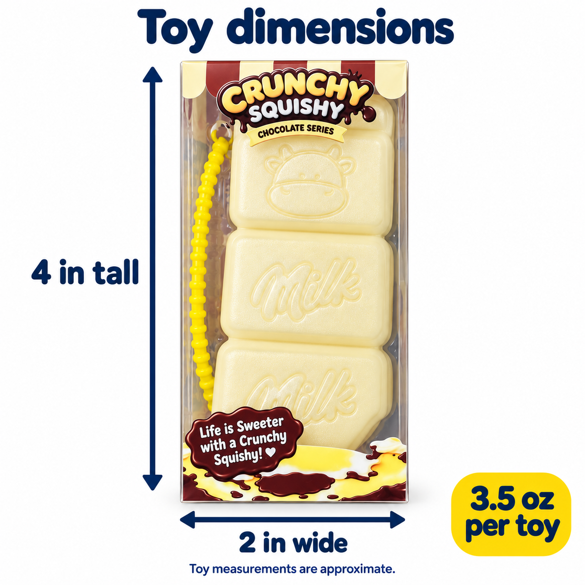 Crunchy Chocolate Bar Squishy – Three Segments: approximately 4 inches tall by 2 inches wide; 3.5 ounces per toy.