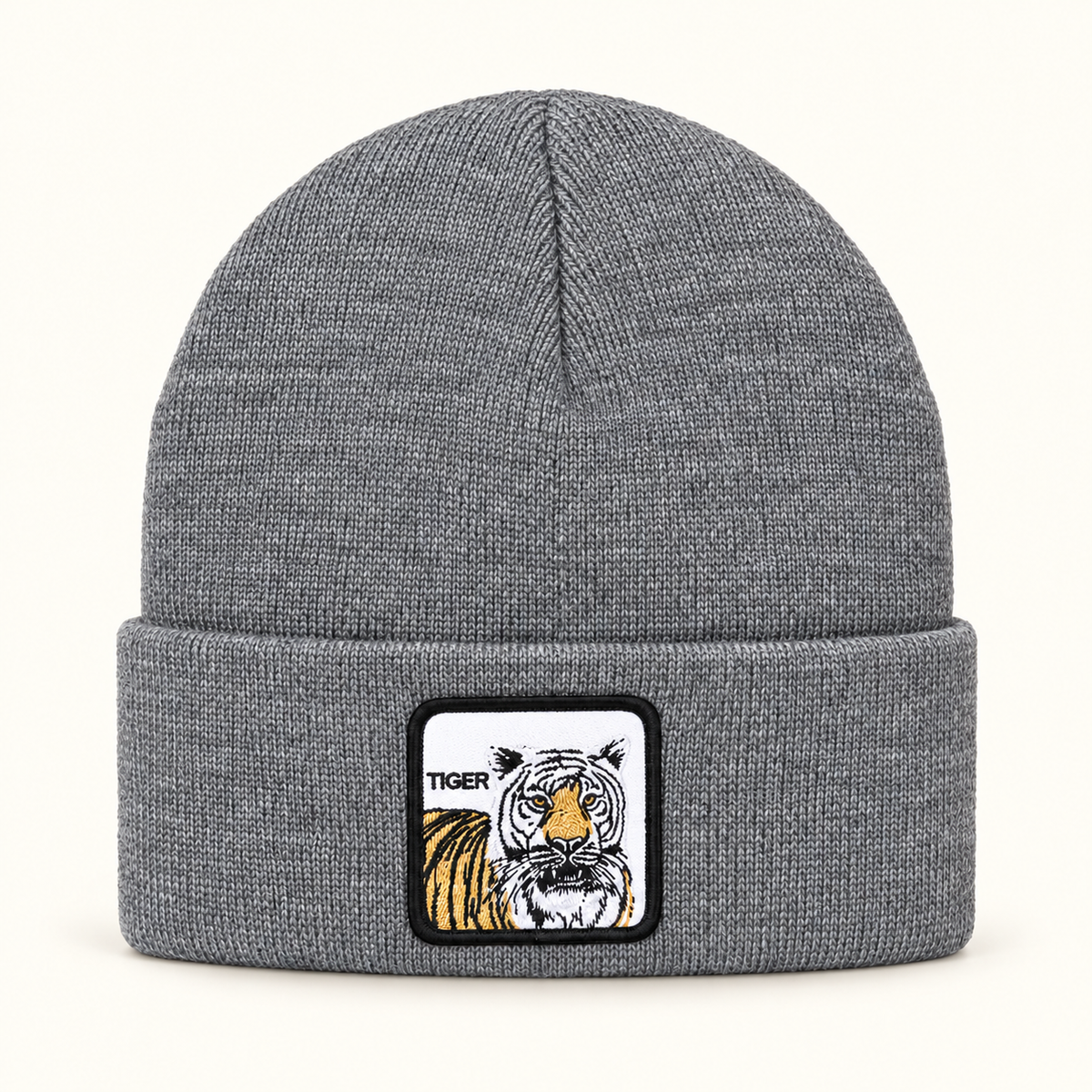 Gorros tejidos con parche de tigre — color: gris; pieza individual