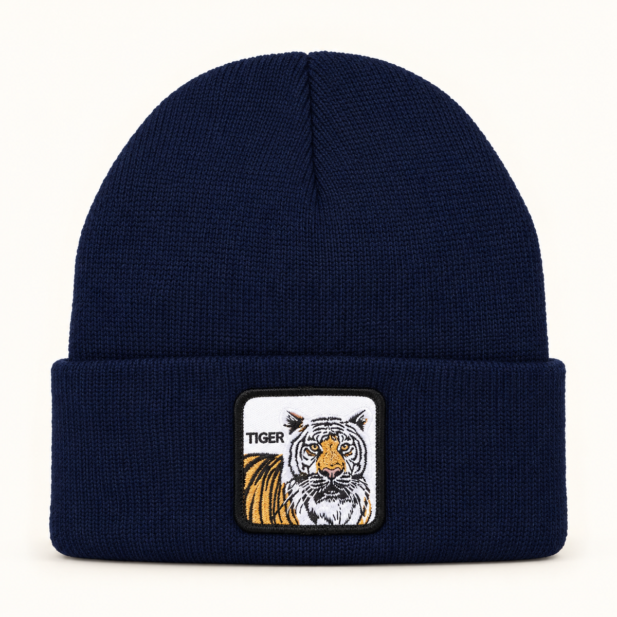 Gorros tejidos con parche de tigre — color: azul marino; pieza individual