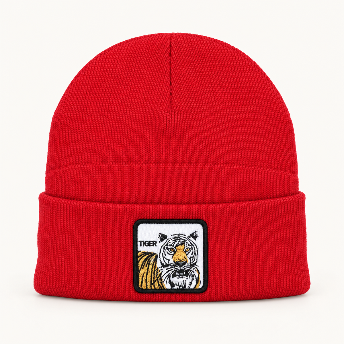 Gorros tejidos con parche de tigre — color: rojo; pieza individual