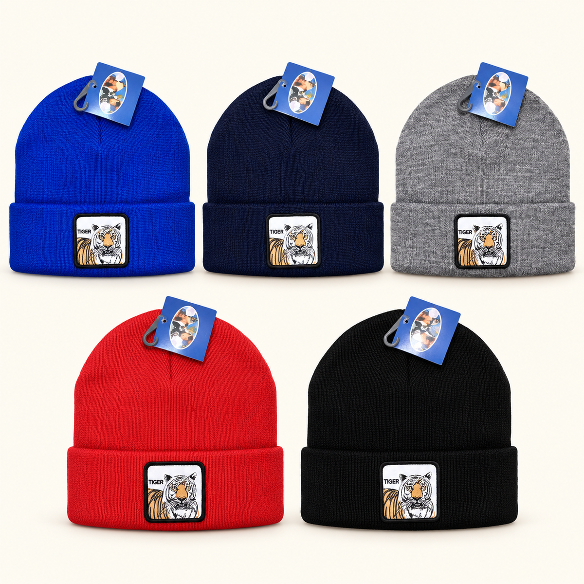 Gorros tejidos con parche de tigre — colores: azul rey, negro, gris, azul marino, rojo