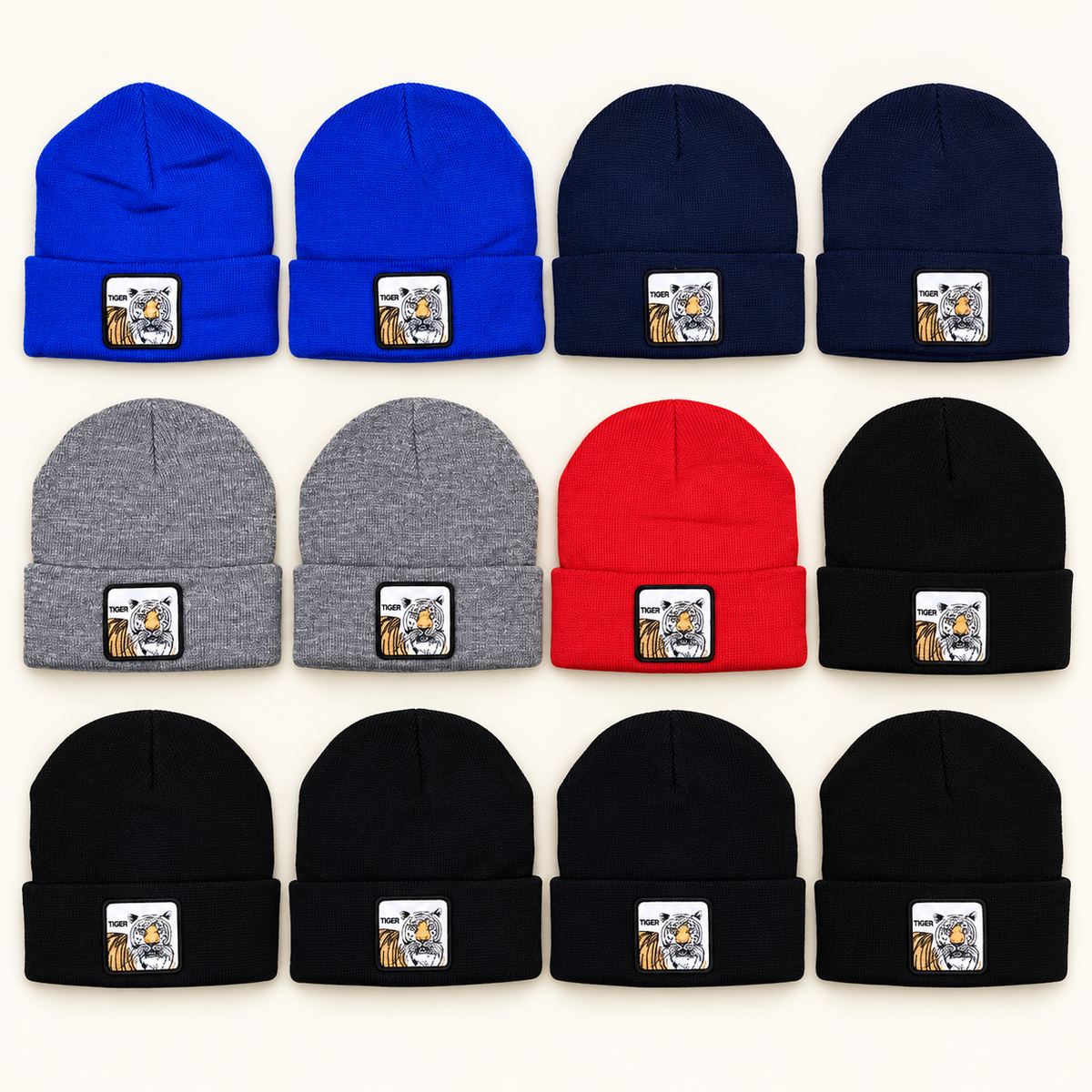 Gorros tejidos con parche de tigre — color: blanco; surtido de 12 piezas
