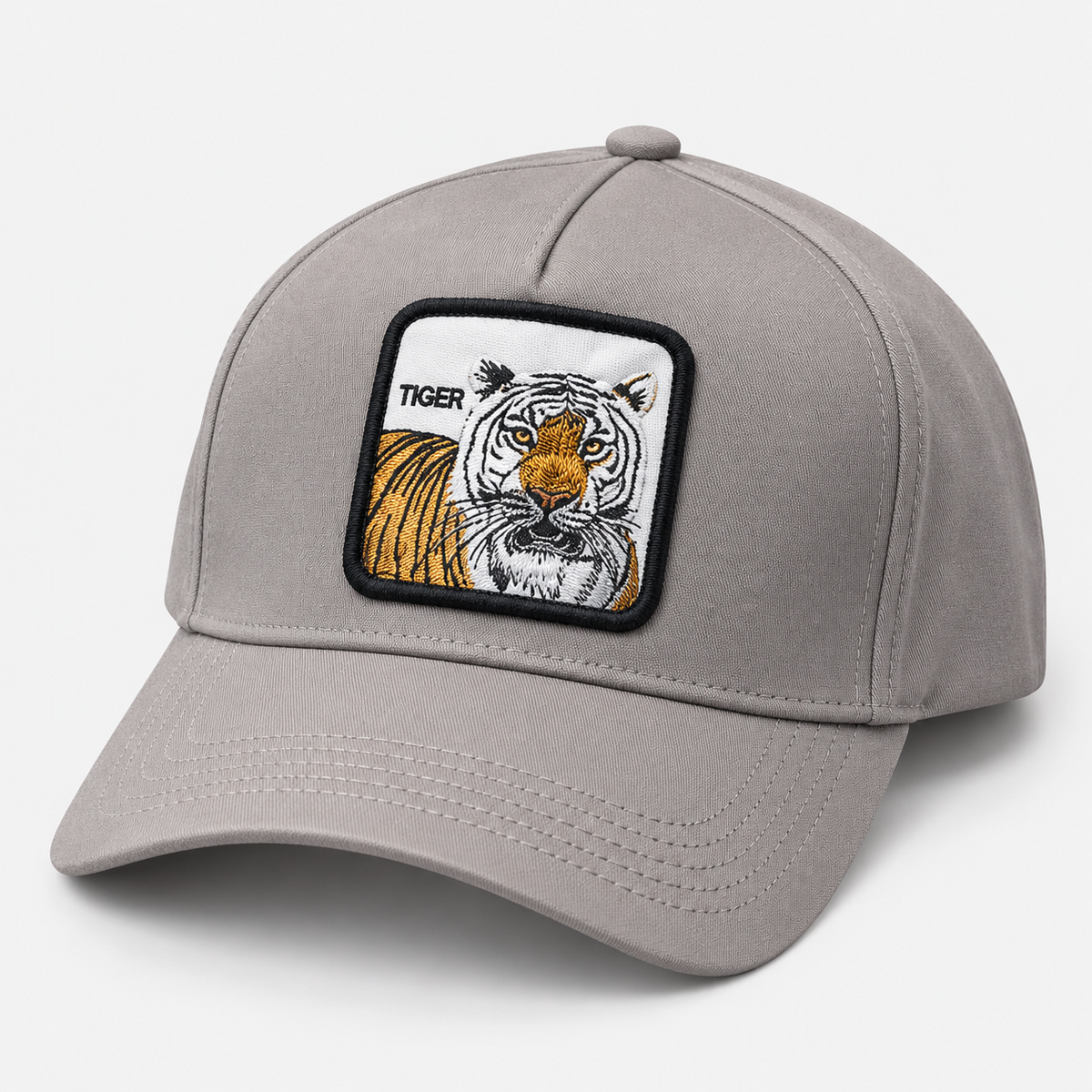 Gray tiger patch baseball cap with curved brim, facing left