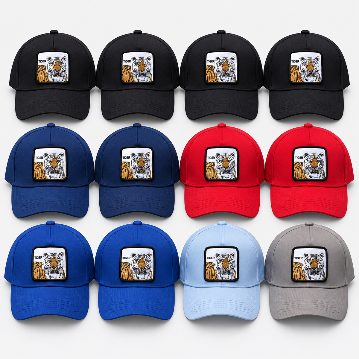 Tiger patch baseball caps — complete dozen: 4 black, 2 navy, 2 red, 2 royal blue, 1 light blue and 1 gray