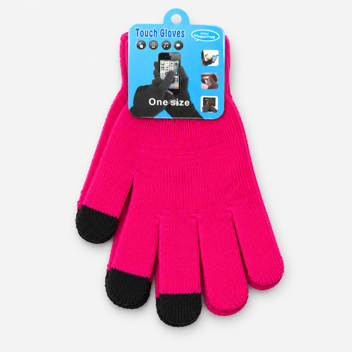 Hot pink touchscreen knit gloves with black fingertips, one pair