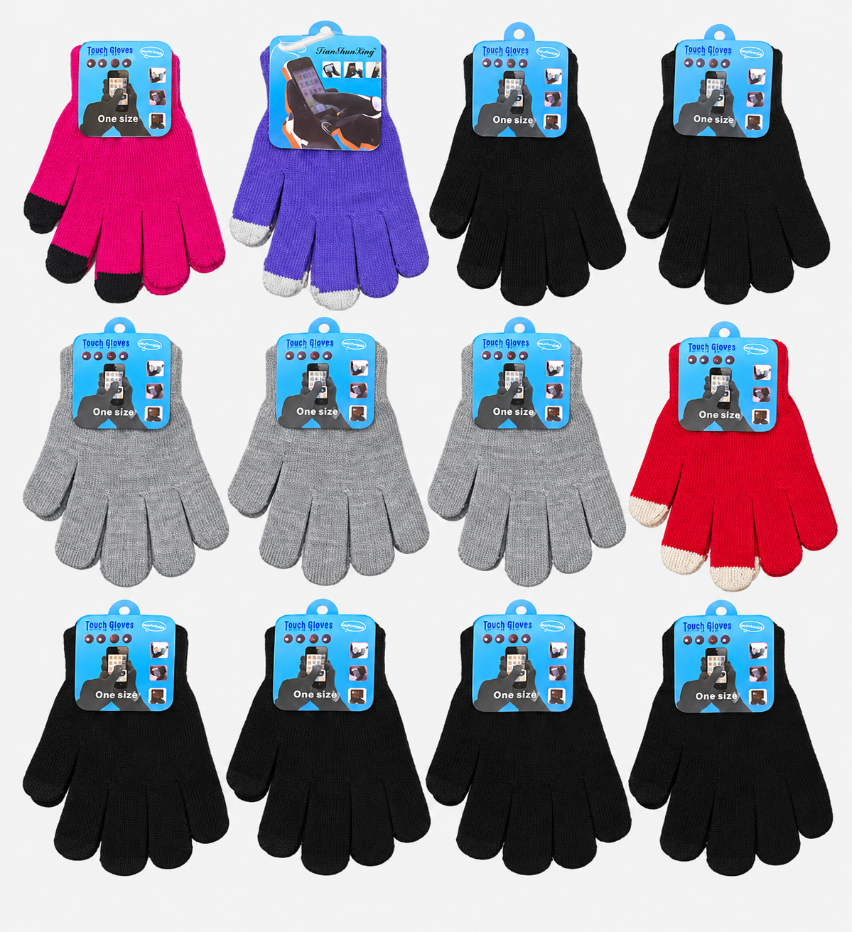 Touchscreen knit gloves assortment: 12 pairs, 6 black, 3 gray, 1 hot pink, 1 purple and 1 red