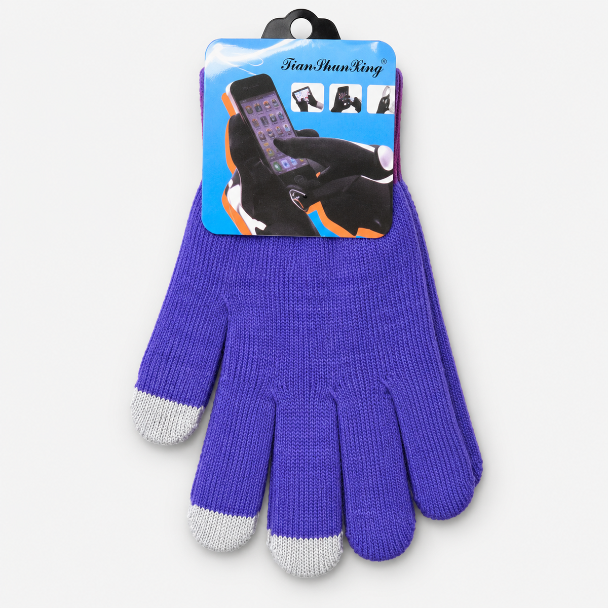 Purple touchscreen knit gloves with light gray fingertips, one pair