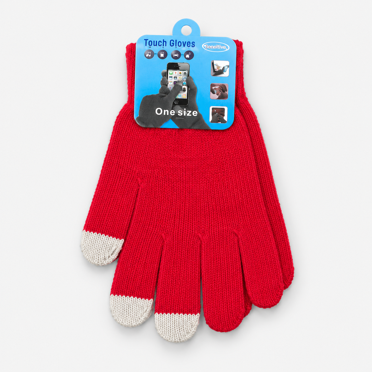 Red touchscreen knit gloves with light fingertips, one pair
