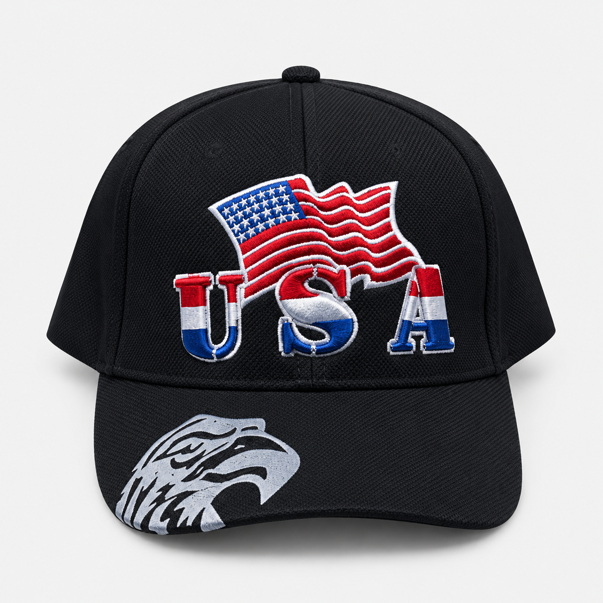 Black baseball cap with embroidered USA lettering, an American flag and an eagle graphic on the brim