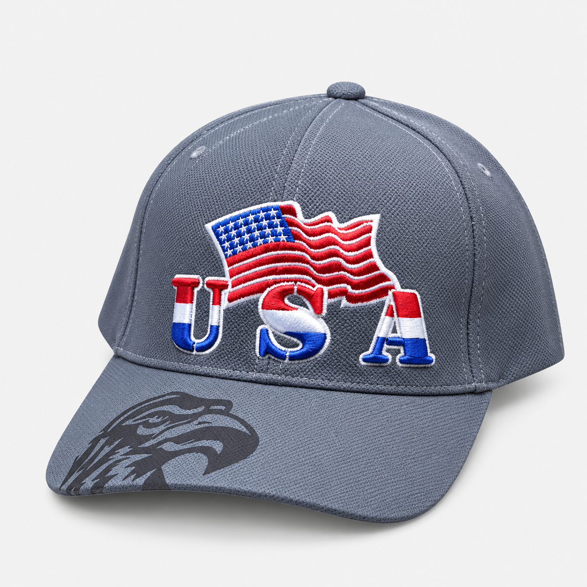 Gray baseball cap with embroidered USA lettering, an American flag and an eagle graphic on the brim