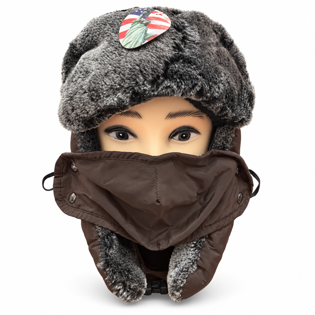 Brown winter trapper hat with furry trim, ear flaps and an attached face covering