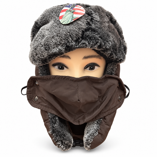Brown winter trapper hat with furry trim, ear flaps and an attached face covering