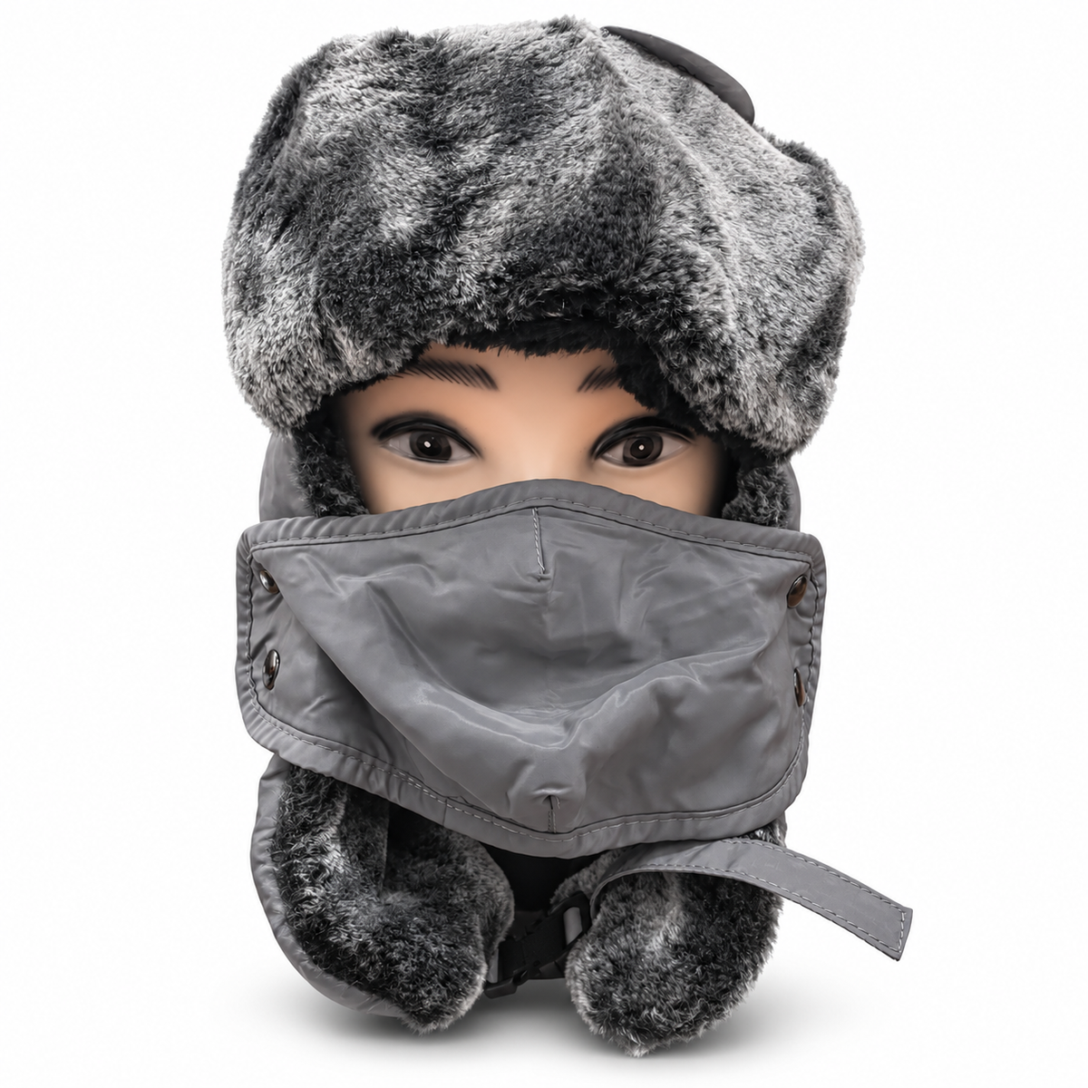 Gray ushanka hat with face covering and furry trim, front view