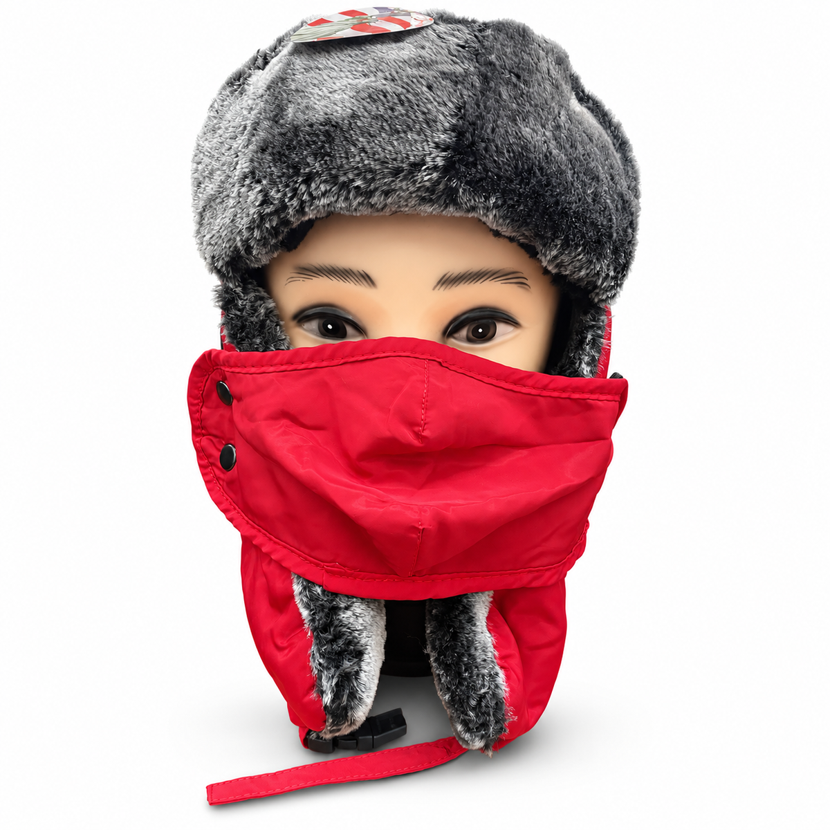 Red ushanka hat with face covering and gray furry trim, front view
