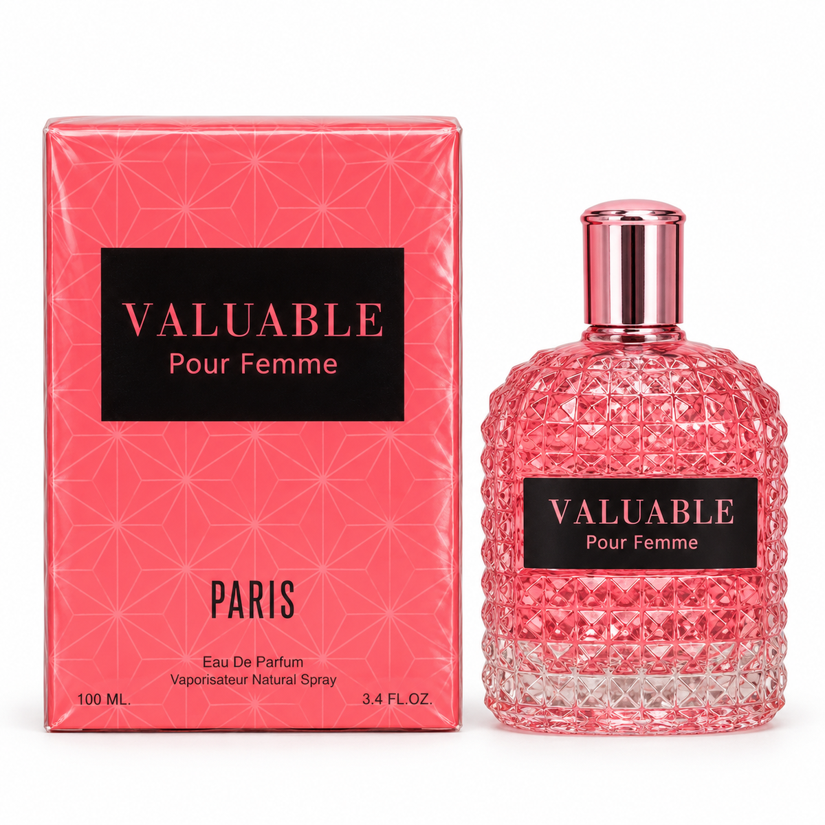 Valuable Pour Femme Eau de Parfum – 100 ml bottle standing beside its matching box on a white background