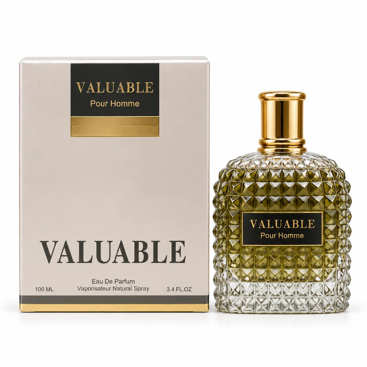 Valuable Pour Homme 100 ml eau de parfum in a studded gold-capped bottle beside its cream-and-gold box