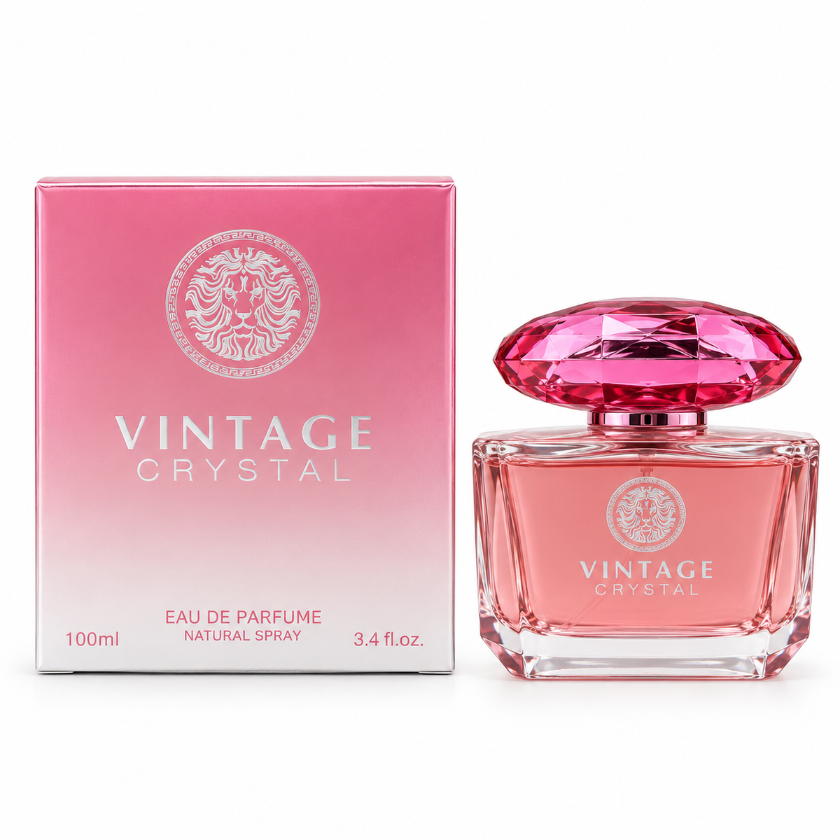 Vintage Crystal 100 ml eau de parfum in a pink bottle with a faceted cap beside its pink-gradient box