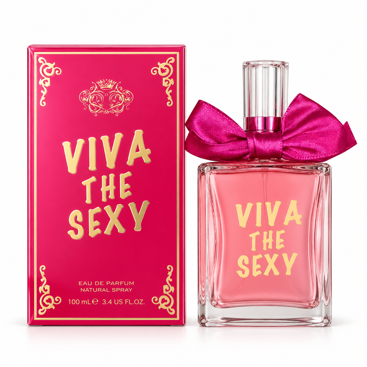 Viva the Sexy 100 ml eau de parfum in a pink bottle with a fuchsia bow beside its pink-and-gold box
