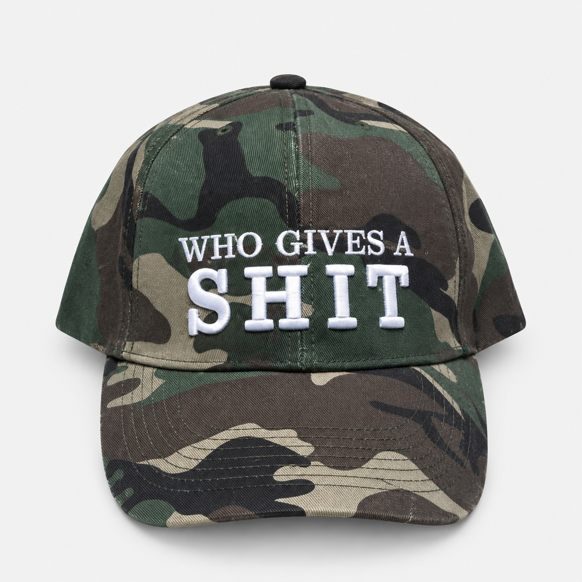 Camouflage baseball cap with white Who Gives a Shit embroidery and a curved brim