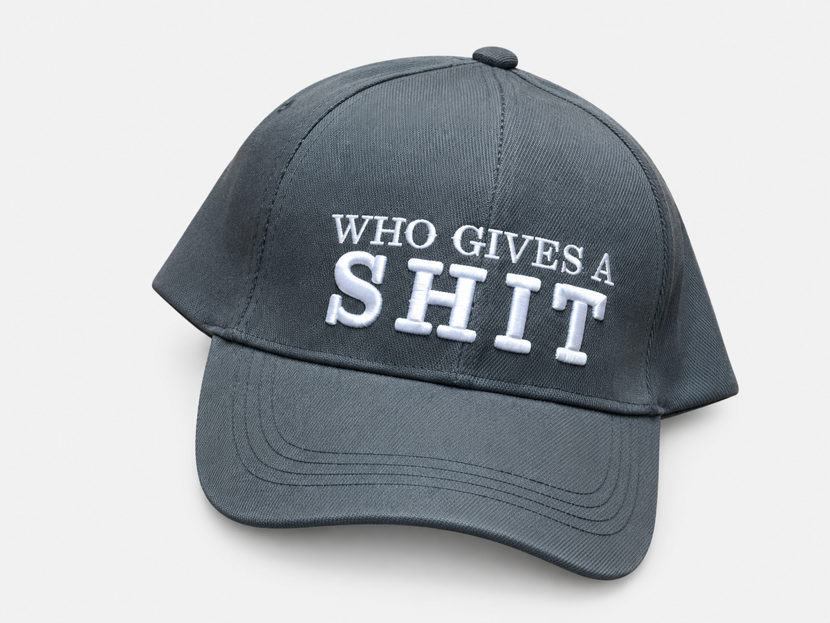 Dark gray baseball cap with white Who Gives a Shit embroidery and a curved brim