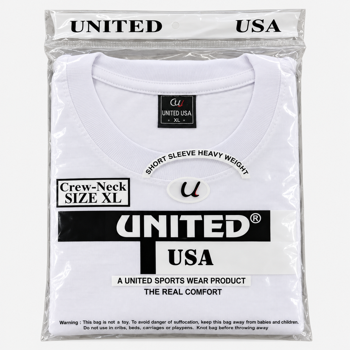 White UNITED USA cotton crew-neck T-shirt in original packaging; representative XL shown