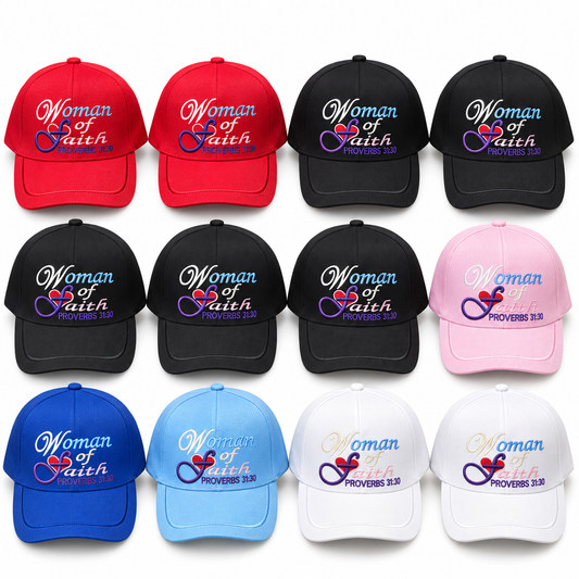 Twelve Woman of Faith Proverbs 31:30 embroidered caps in assorted colors on a white background