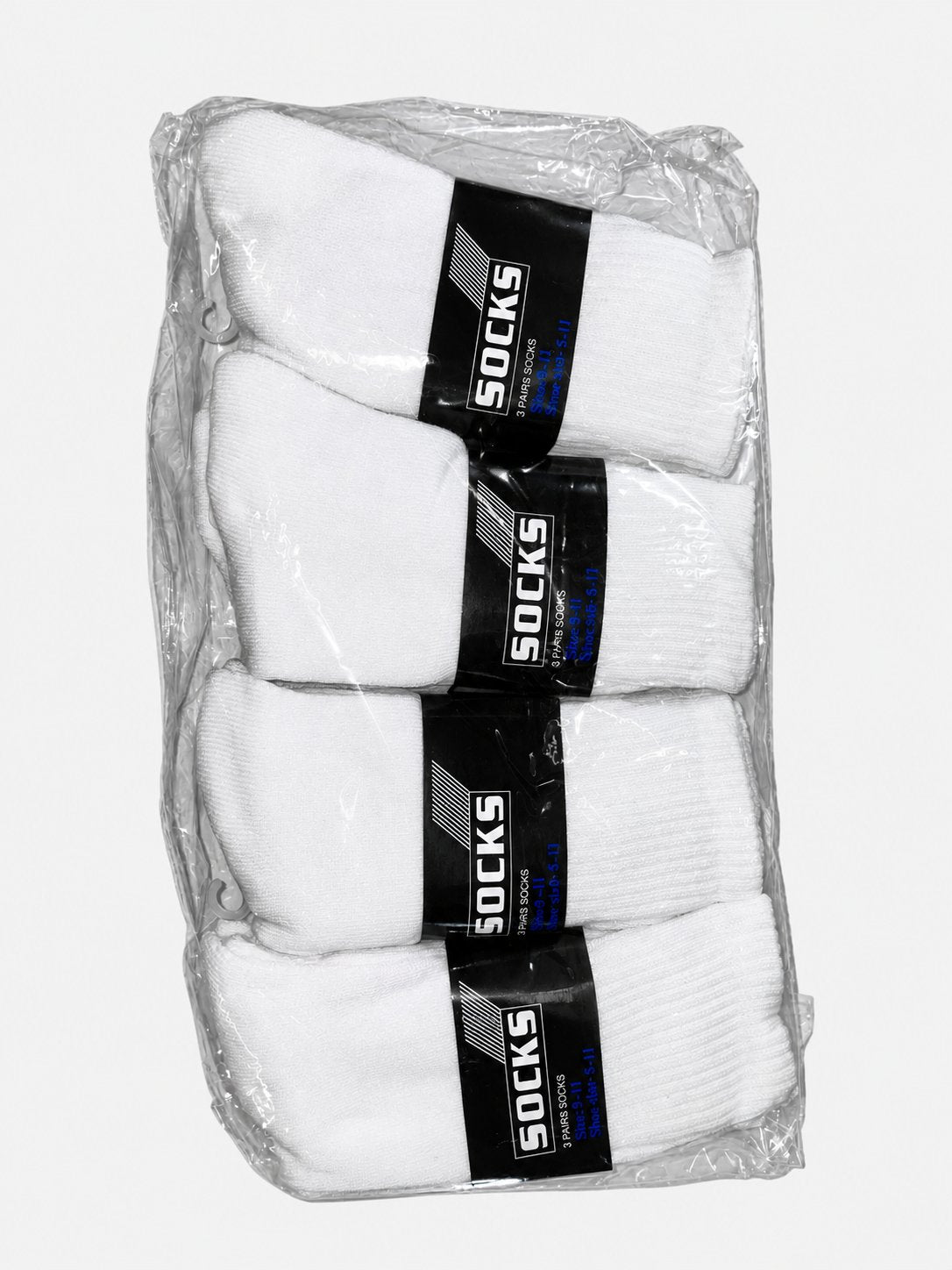 White crew socks in clear packaging