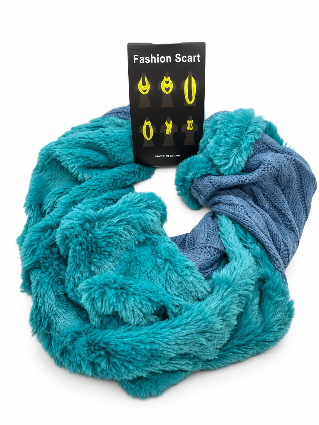 Turquoise and blue infinity scarf with contrasting textures