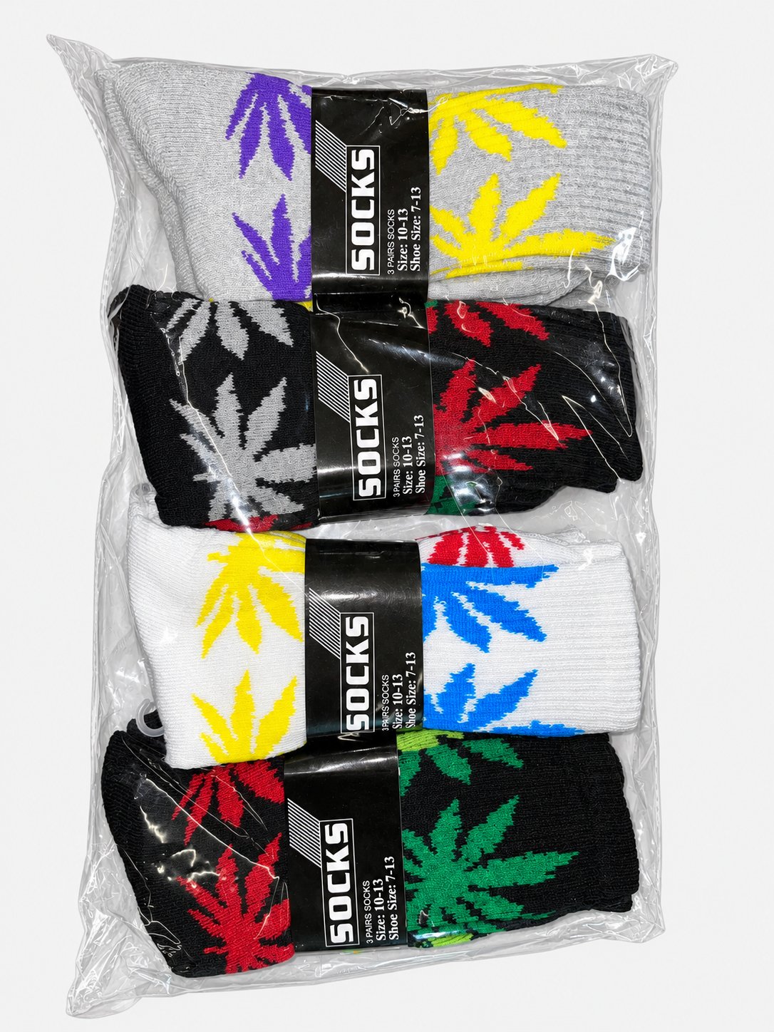 Packaged crew socks with multicolored leaf patterns