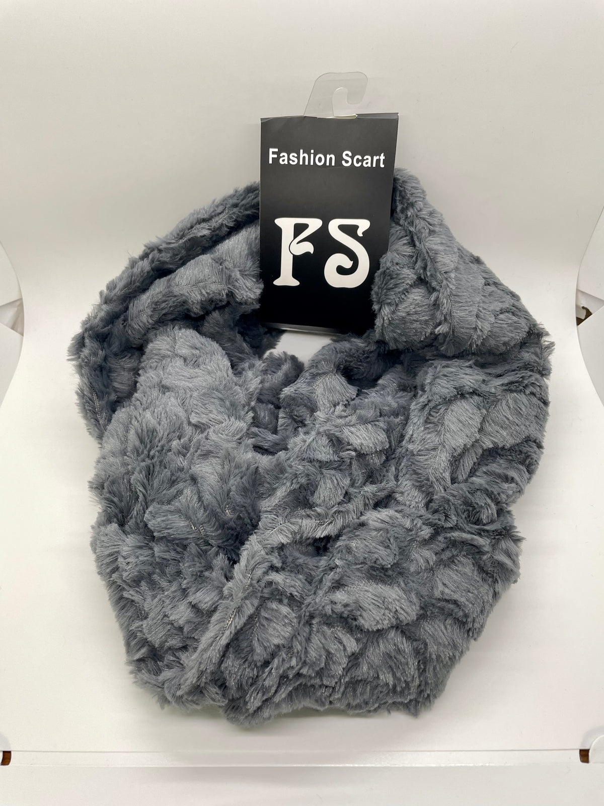 Gray plush-textured infinity scarf