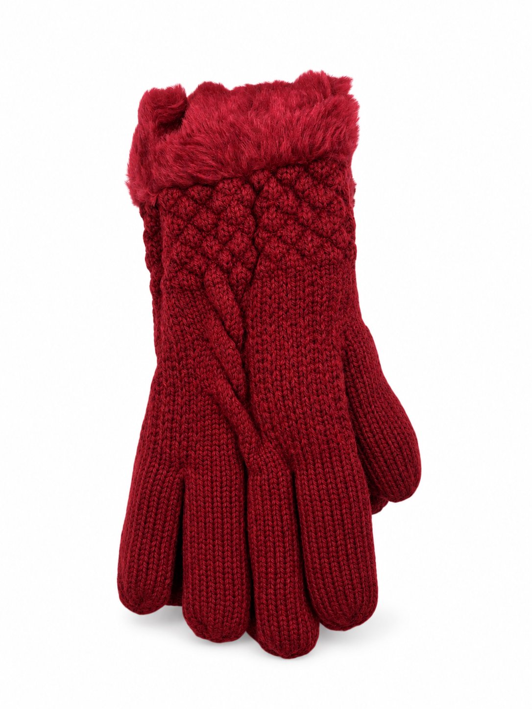 Red cable-knit winter gloves with fuzzy cuffs