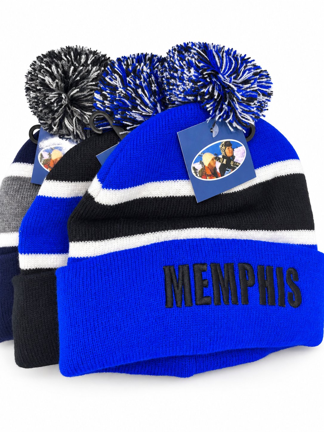 Gorros Memphis de punto grueso con pompón — color: azul