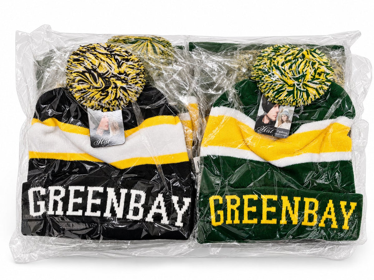 Gorros con pompón — Diseños de ciudades y palabras — colores: amarillo, verde
